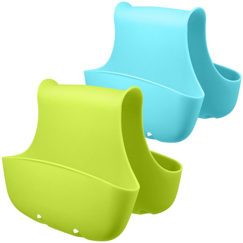 FineGood 2 Pack Sponge Holder for Double-Sink, FineGood Saddle Caddy Brush Soap Organizer Storage Kitchen Bathroom Plastic Basket - Blue, Green - Image 1